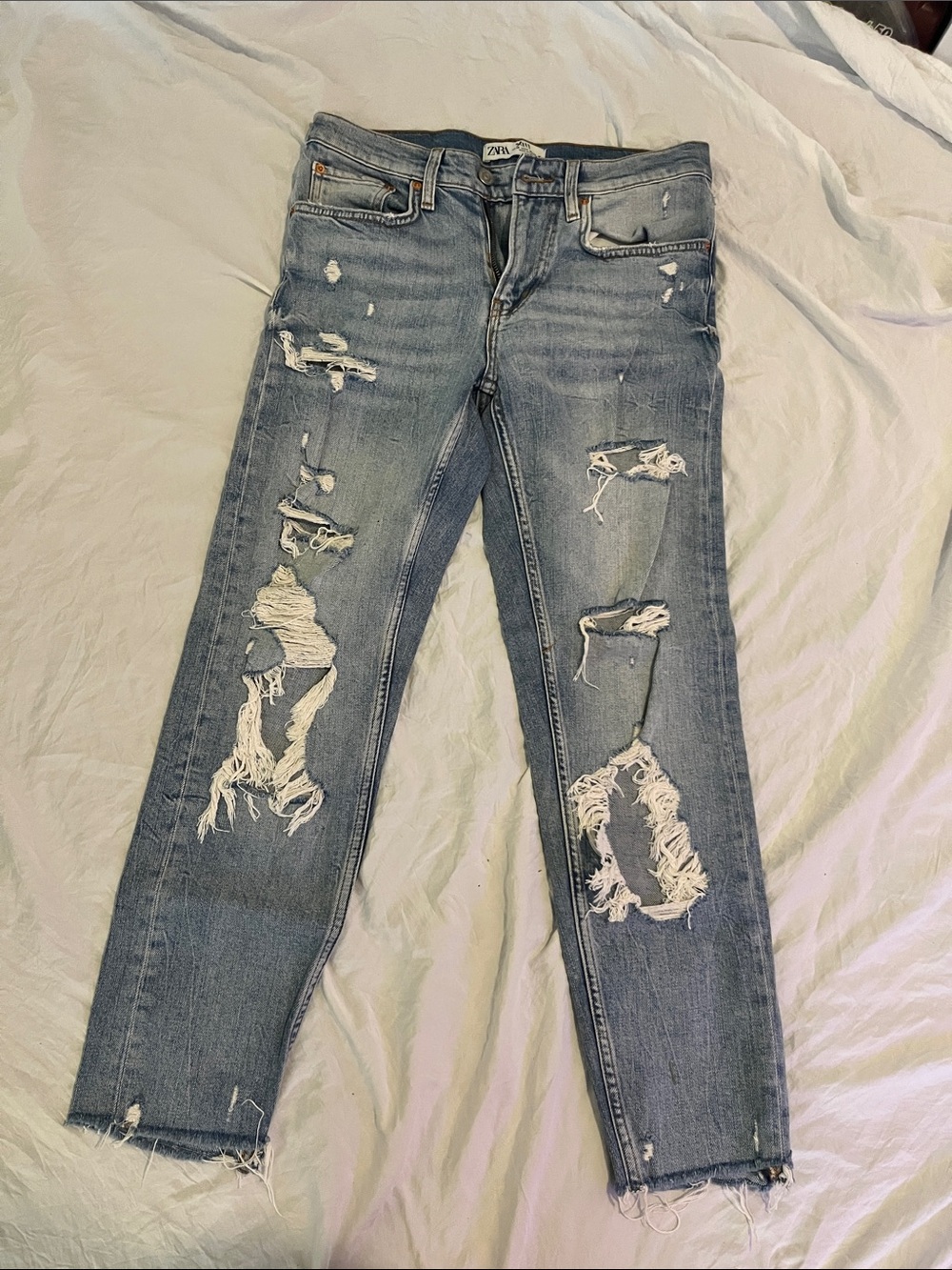 Zara Skinny Distressed Ripped Light Blue Jeans